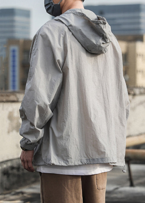 Grey Pockets Drawstring Mens UPF 50+ Coat Hooded Summer