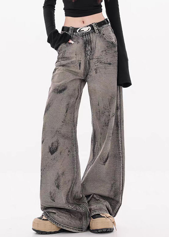 Grey Pockets High Waist Denim Fall Wide Leg Pants Tie Dye
