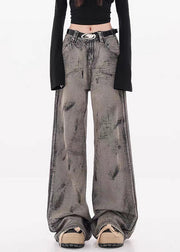 Grey Pockets High Waist Denim Fall Wide Leg Pants Tie Dye