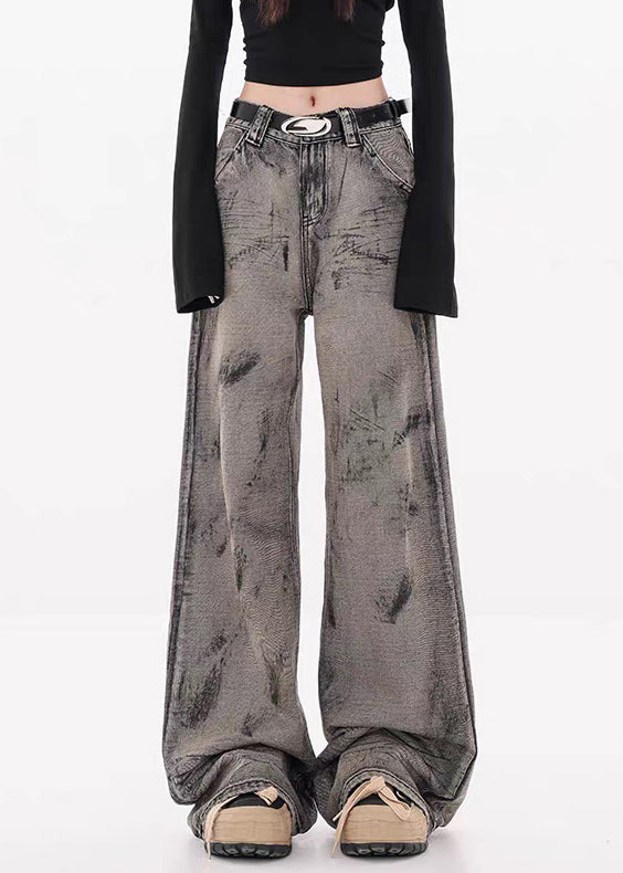 Grey Pockets High Waist Denim Fall Wide Leg Pants Tie Dye