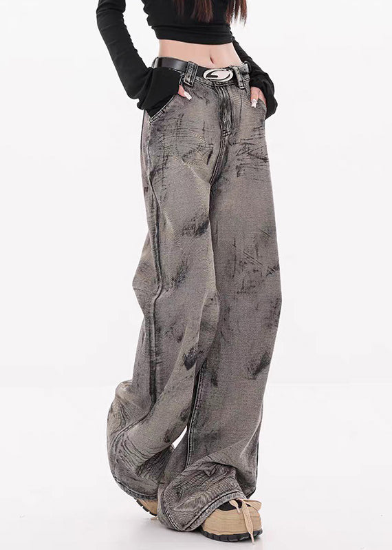 Grey Pockets High Waist Denim Fall Wide Leg Pants Tie Dye