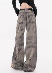 Grey Pockets High Waist Denim Fall Wide Leg Pants Tie Dye