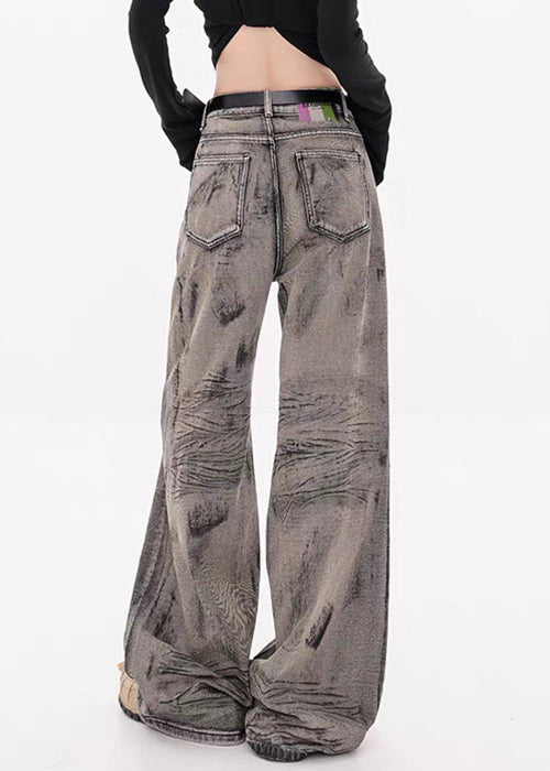 Grey Pockets High Waist Denim Fall Wide Leg Pants Tie Dye