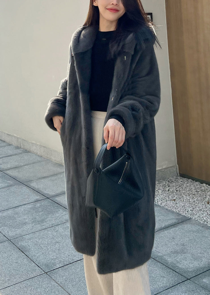Grey Pockets Loose Mink Hair Coats Hooded Winter