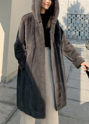Grey Pockets Loose Mink Hair Coats Hooded Winter