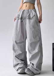 Grey Pockets Solid Cotton Wide Leg Pants Drawstring