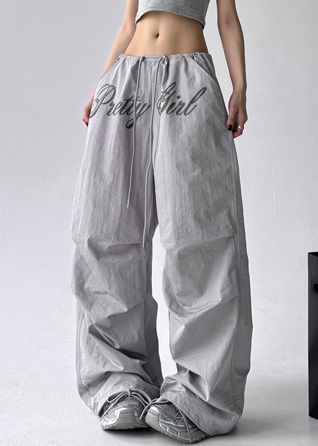 Grey Pockets Solid Cotton Wide Leg Pants Drawstring