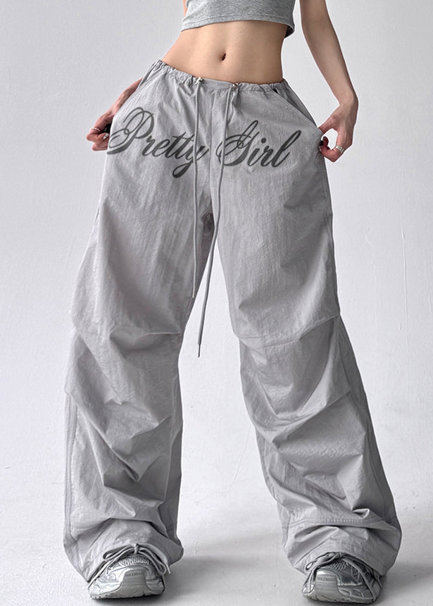 Grey Pockets Solid Cotton Wide Leg Pants Drawstring