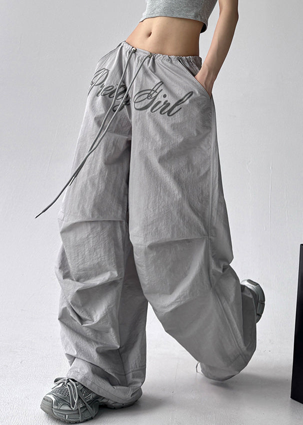 Grey Pockets Solid Cotton Wide Leg Pants Drawstring