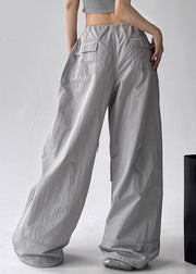 Grey Pockets Solid Cotton Wide Leg Pants Drawstring