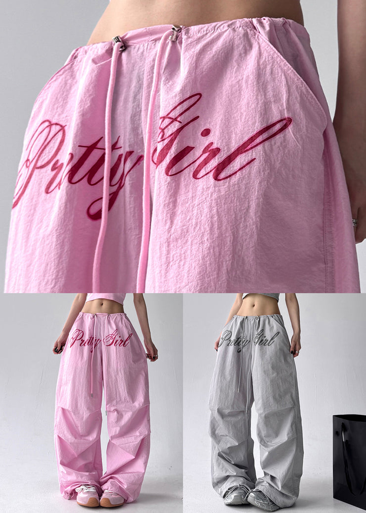 Grey Pockets Solid Cotton Wide Leg Pants Drawstring
