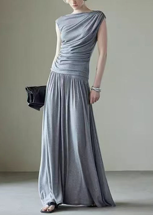 Grey Pockets Tops And Skirts Cotton Two Pieces Set Wrinkled Summer