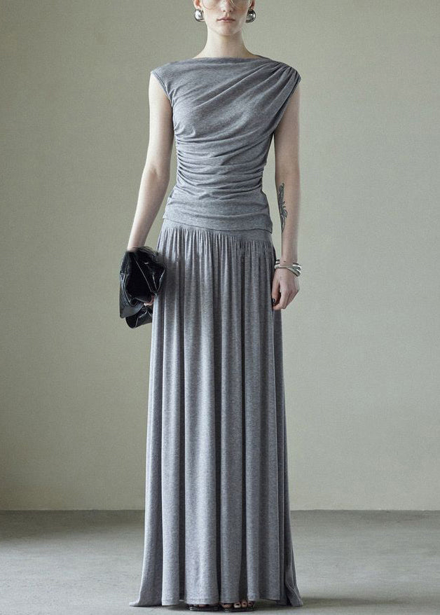 Grey Pockets Tops And Skirts Cotton Two Pieces Set Wrinkled Summer