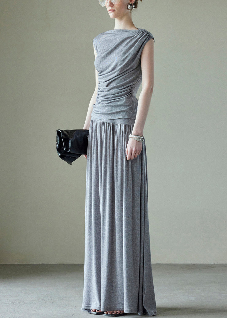 Grey Pockets Tops And Skirts Cotton Two Pieces Set Wrinkled Summer