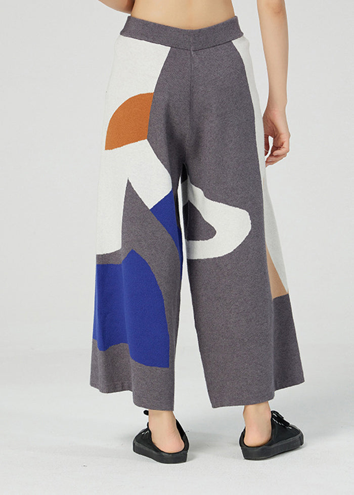 Grey Print Knit Wide Leg Pants Elastic Waist Spring
