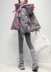 Grey Print Pockets Duck Down Winter Down Coat Hooded