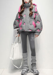 Grey Print Pockets Duck Down Winter Down Coat Hooded