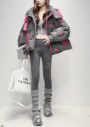 Grey Print Pockets Duck Down Winter Down Coat Hooded