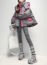 Grey Print Pockets Duck Down Winter Down Coat Hooded