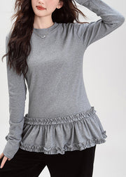 Grey Ruffled Solid Cotton T Shirt Tops O Neck