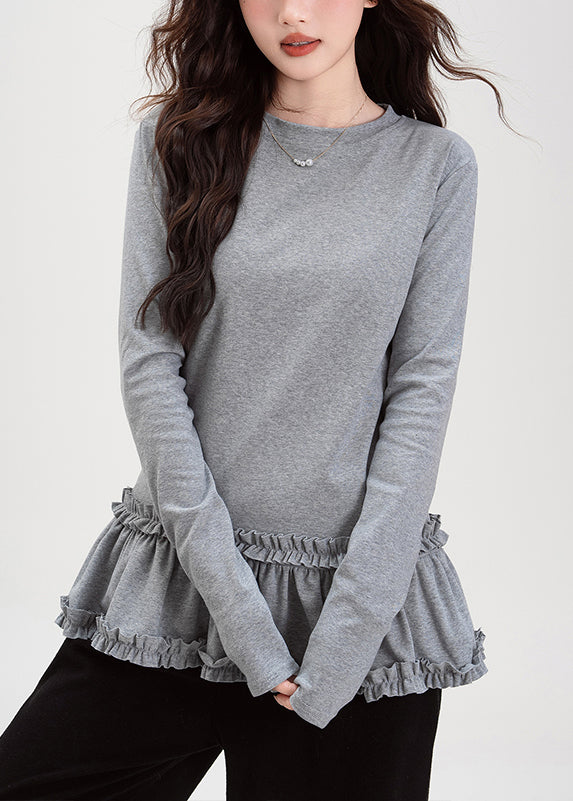 Grey Ruffled Solid Cotton T Shirt Tops O Neck