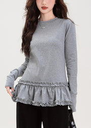 Grey Ruffled Solid Cotton T Shirt Tops O Neck