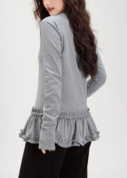 Grey Ruffled Solid Cotton T Shirt Tops O Neck