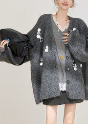 Grey Sequins Solid Cotton Knit Cardigans Fall