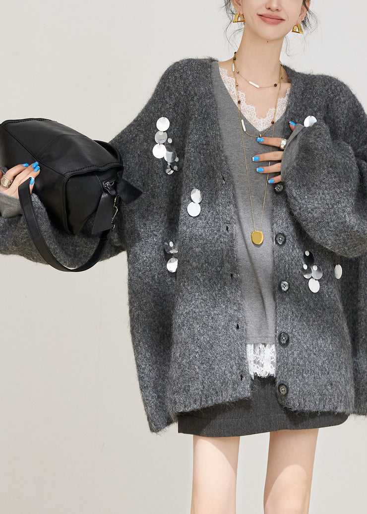 Grey Sequins Solid Cotton Knit Cardigans Fall