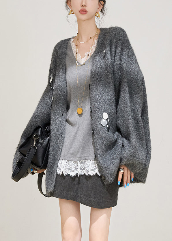 Grey Sequins Solid Cotton Knit Cardigans Fall