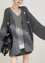 Grey Sequins Solid Cotton Knit Cardigans Fall