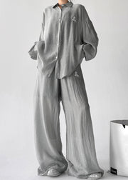 Grey Shirts And Pants Cotton Fall Two Pieces Set Elastic Waist
