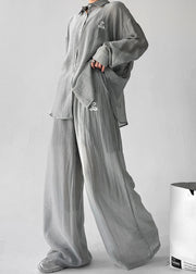 Grey Shirts And Pants Cotton Fall Two Pieces Set Elastic Waist
