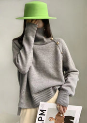 Grey Side Open Low High Design Knit Sweaters Turtleneck Winter