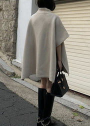 Grey Side Open Solid Knit Cape Style Sweater Turtleneck Batwing Sleeve
