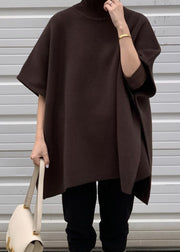 Grey Side Open Solid Knit Cape Style Sweater Turtleneck Batwing Sleeve