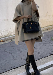 Grey Side Open Solid Knit Cape Style Sweater Turtleneck Batwing Sleeve