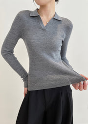Grey Silm Fit Knit Sweaters Peter Pan Collar Spring