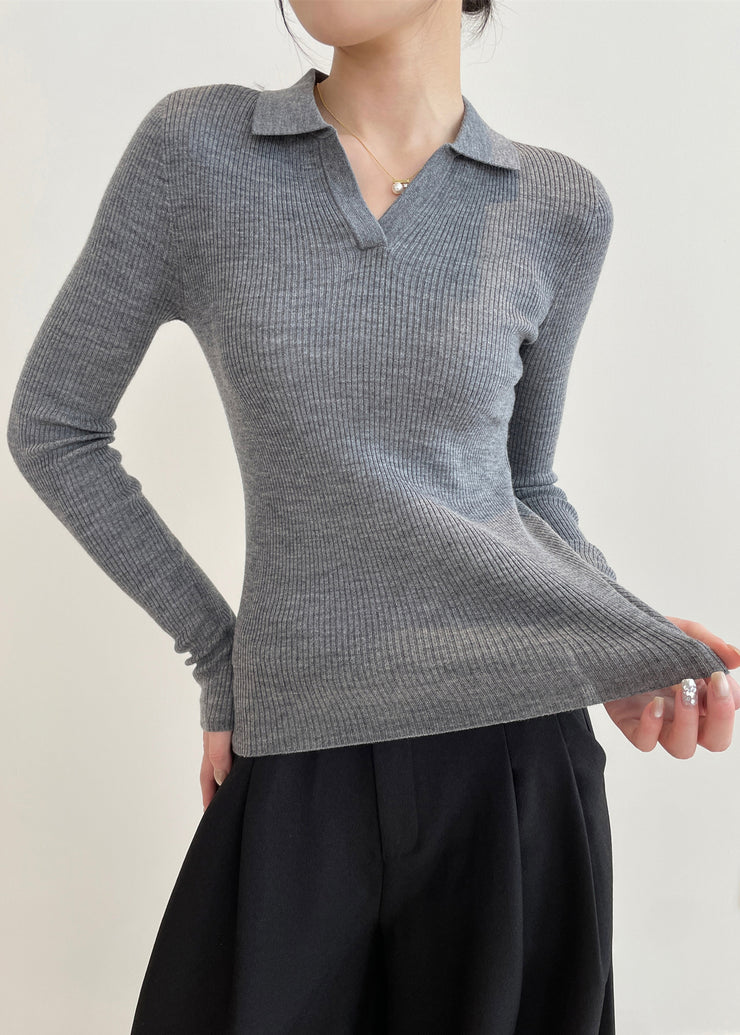 Grey Silm Fit Knit Sweaters Peter Pan Collar Spring