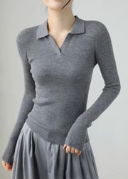 Grey Silm Fit Knit Sweaters Peter Pan Collar Spring