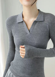 Grey Silm Fit Knit Sweaters Peter Pan Collar Spring