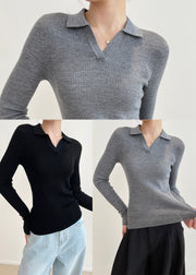 Grey Silm Fit Knit Sweaters Peter Pan Collar Spring