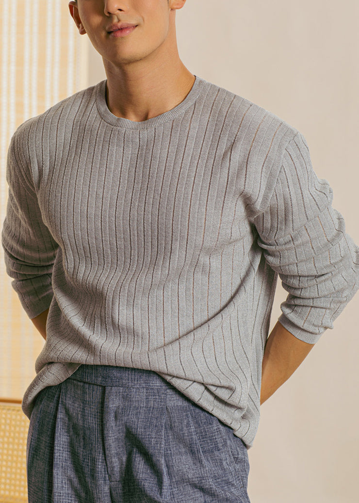 Grey Solid Cozy Knit T Shirt Men Casual Clothing O Neck