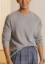 Grey Solid Cozy Knit T Shirt Men Casual Clothing O Neck