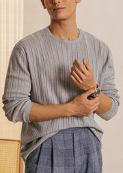 Grey Solid Cozy Knit T Shirt Men Casual Clothing O Neck