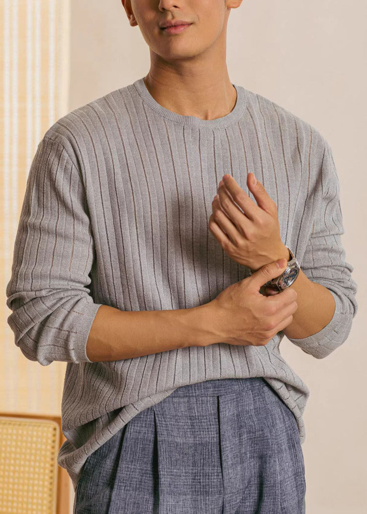 Grey Solid Cozy Knit T Shirt Men Casual Clothing O Neck