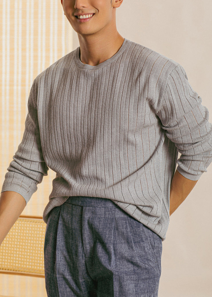 Grey Solid Cozy Knit T Shirt Men Casual Clothing O Neck
