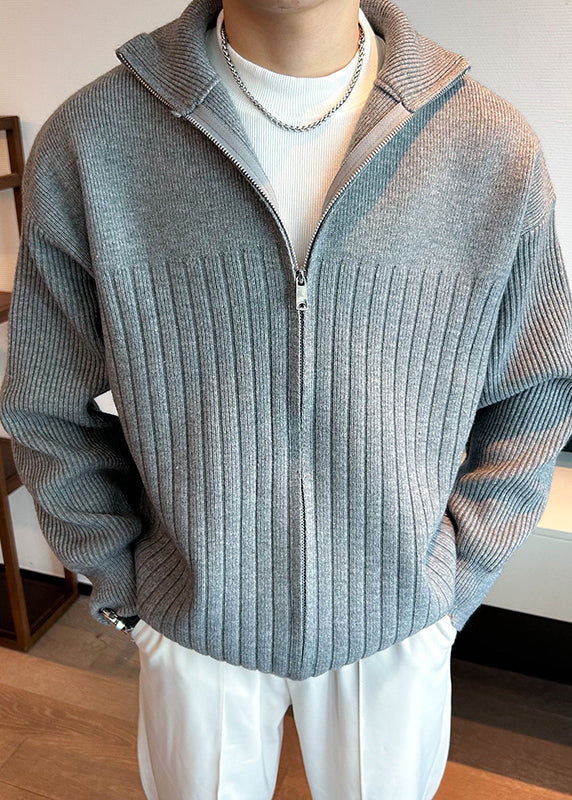 Grey Solid Knit Spring Men Coat Peter Pan Collar