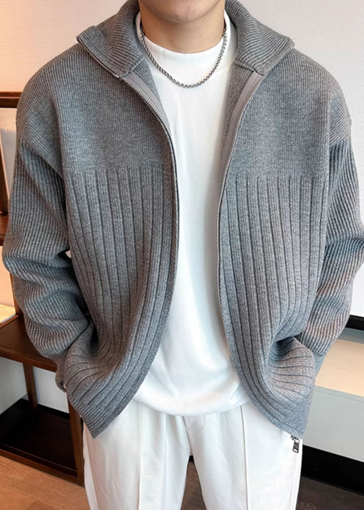 Grey Solid Knit Spring Men Coat Peter Pan Collar