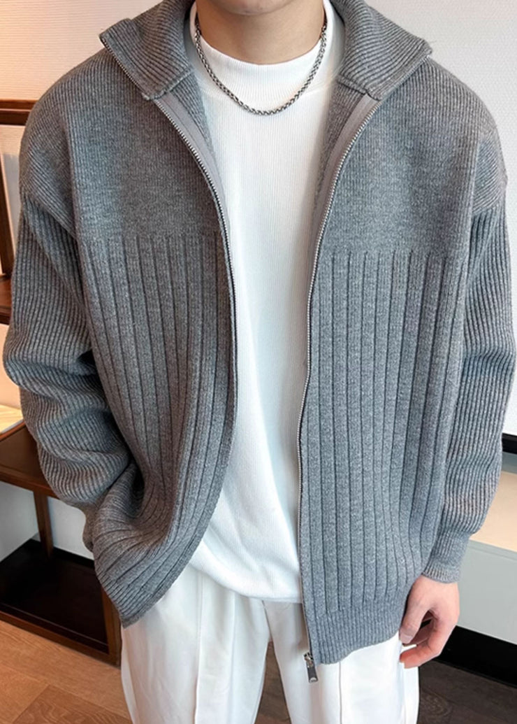 Grey Solid Knit Spring Men Coat Peter Pan Collar